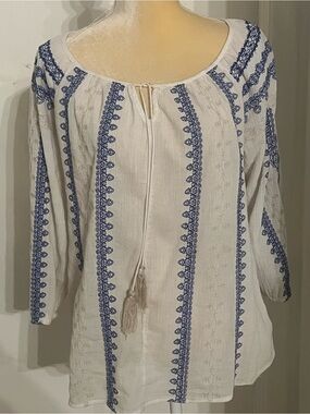 White and Blue Embroidered Peasant Top